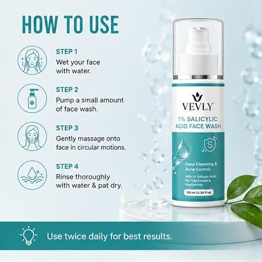 Face Wash, Foam, with Built-in Silicone Facial Brush, 100 ml, for Glowing Hydration (1% Salicylic Acid Facewash)