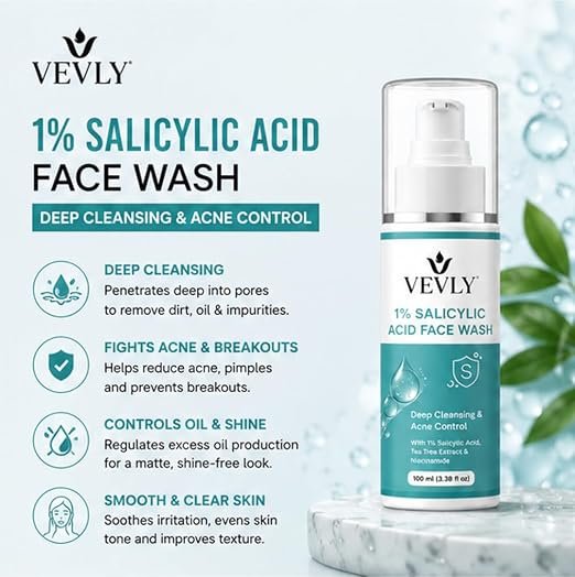 Face Wash, Foam, with Built-in Silicone Facial Brush, 100 ml, for Glowing Hydration (1% Salicylic Acid Facewash)