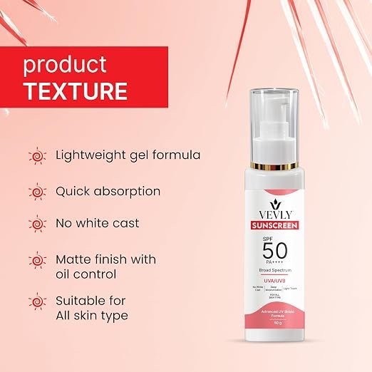 Sunscreen SPF 50 PA++++, Broad Spectrum UVA/UVB, Lightweight Gel Formula, No White Cast, Matte Finish, All Skin Types (50ML)